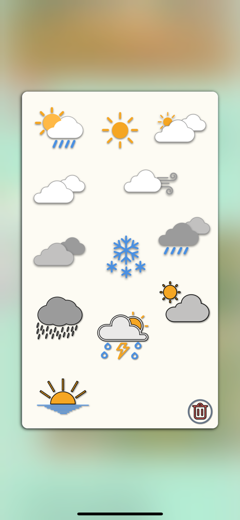 Travel Log App - Une grille d'icônes météorologiques comprenant des conditions ensoleillées, pluvieuses et neigeuses pour la consignation des voyages.