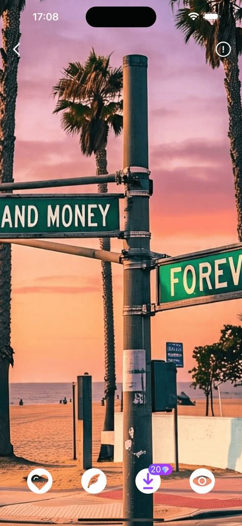 Aesthetic pink sunset beach scene with street signs and palm trees in Wallify app interface