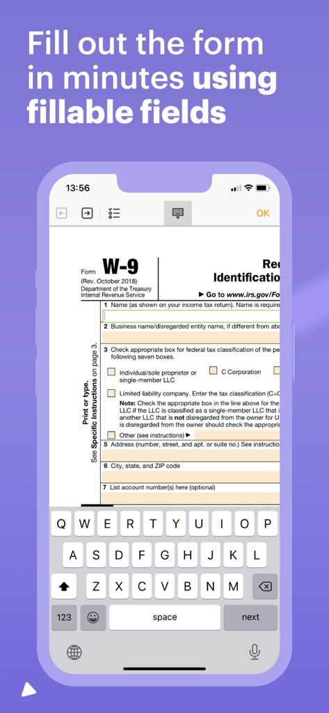e-taxfiller: Edit PDF Forms - A smartphone screen showing an IRS W-9 form being filled out with the e-taxfiller mobile app