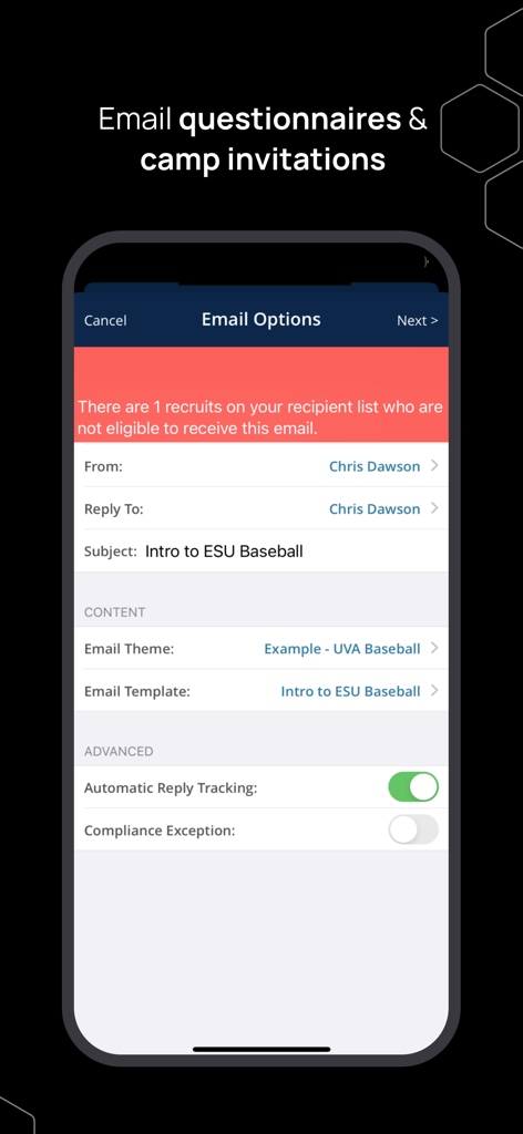 TW Compliance + Recruiting - Interface of the TW Compliance and Recruiting app showing email options with a compliance warning for ineligible recruits.