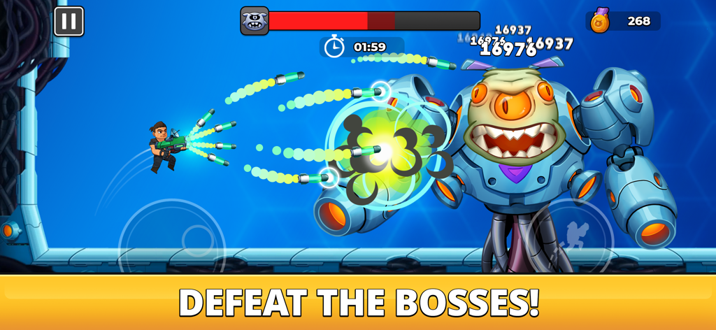 Mr. Autofire character shooting projectiles at a giant mechanical boss with three eyes