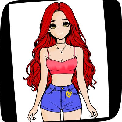 a realistic girl with long hair and in a crop top and shprts