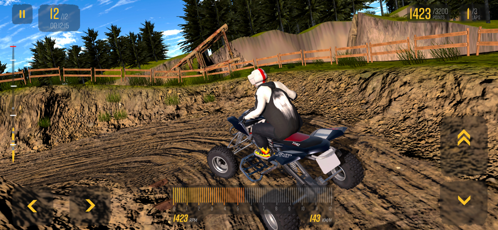 ATV Quad Racing Sim - Gameplay of ATV Quad Racing Sim on a dirt track with forest background.