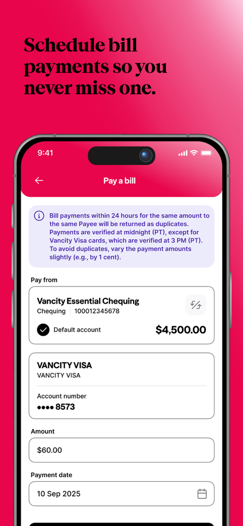 Vancity - Vancity mobile app screen for scheduling bill payments