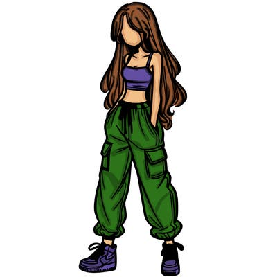 girl in baggy pants crop top and long hair