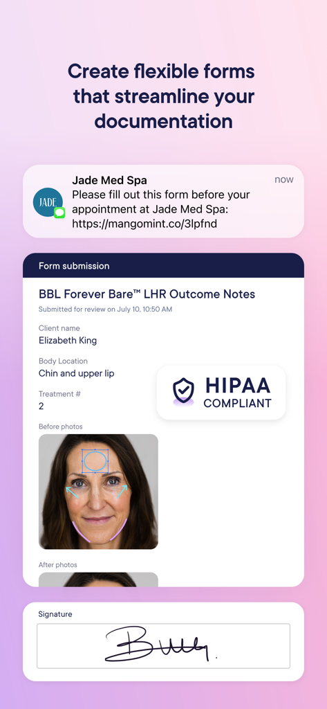 Mangomint app interface for creating HIPAA compliant salon and spa intake forms.