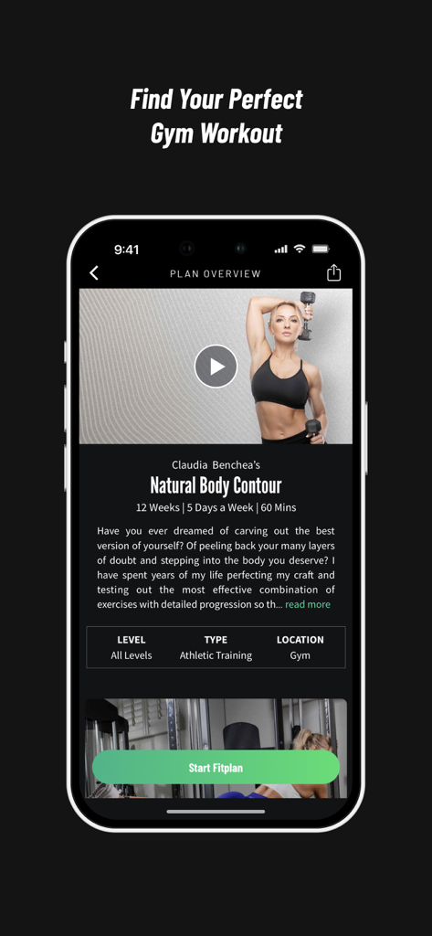 A mobile screen showing a detailed 12-week gym workout plan called Natural Body Contour by trainer Claudia Benchea on the Fitplan app.