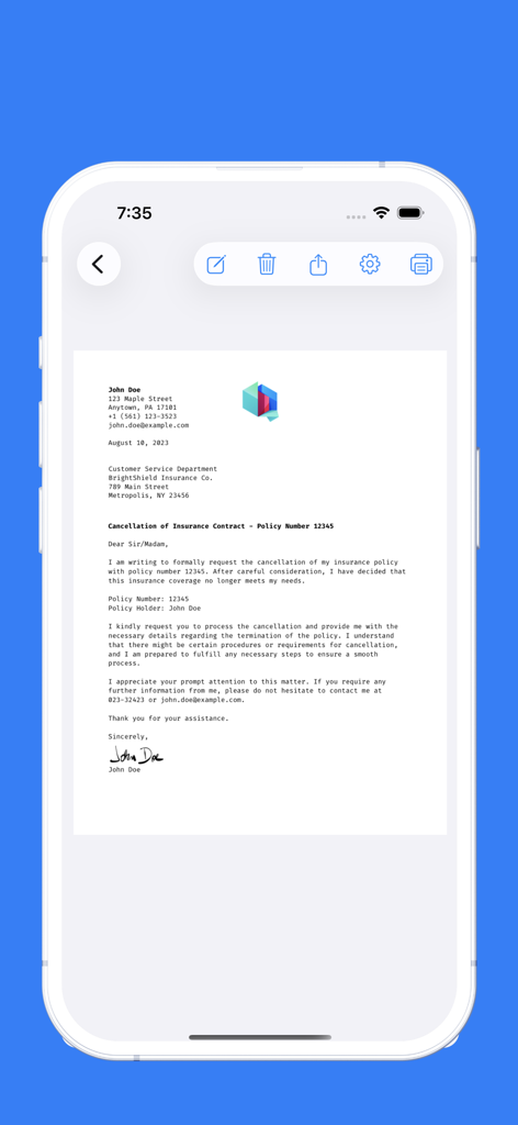 Letter: just write letters - Una carta formal con formato profesional en la pantalla de un iPhone que muestra la interfaz de la app Letter con una firma digital
