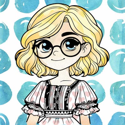 one girl with medium short hair, which are wavy. she has round glasses. she wears a latina outfit.