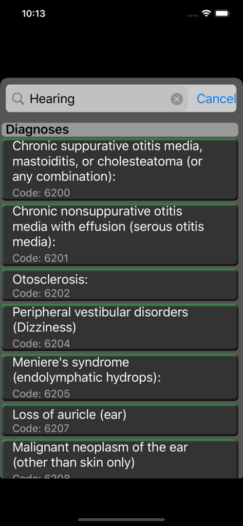 My VA Benefits - My VA Benefits app showing a list of hearing diagnoses and VA disability codes