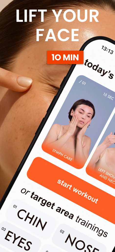 Liftique: Face Fitness - Liftique app interface showing a 10 minute face fitness workout and target areas for facial exercises