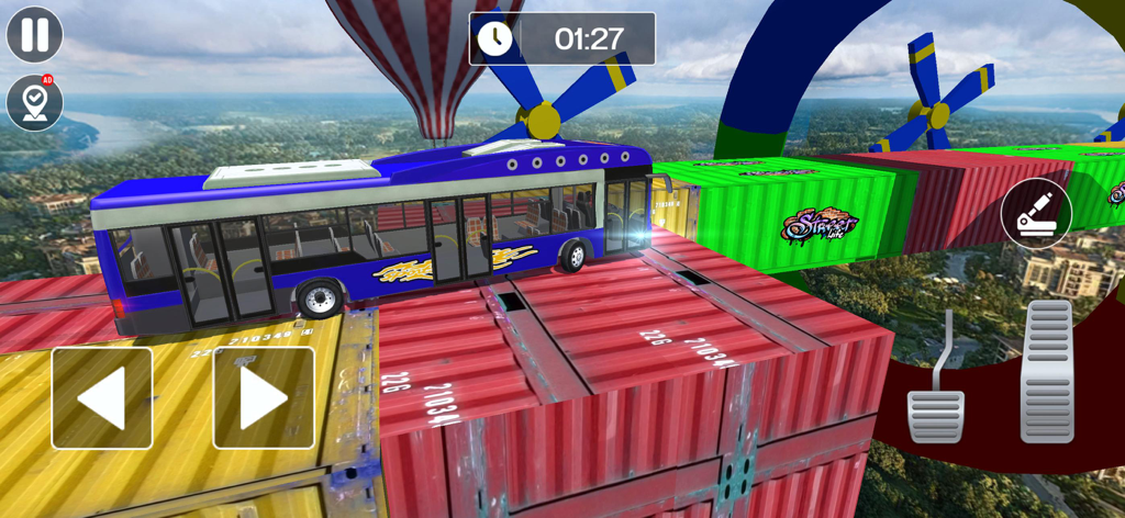 Blue bus navigating elevated shipping container tracks in Sky Bus Mega Ramp Drive