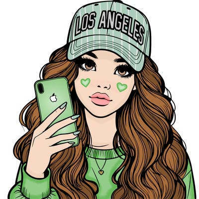 realistic beautiful girl wearing los ángeles cap holding an iphone