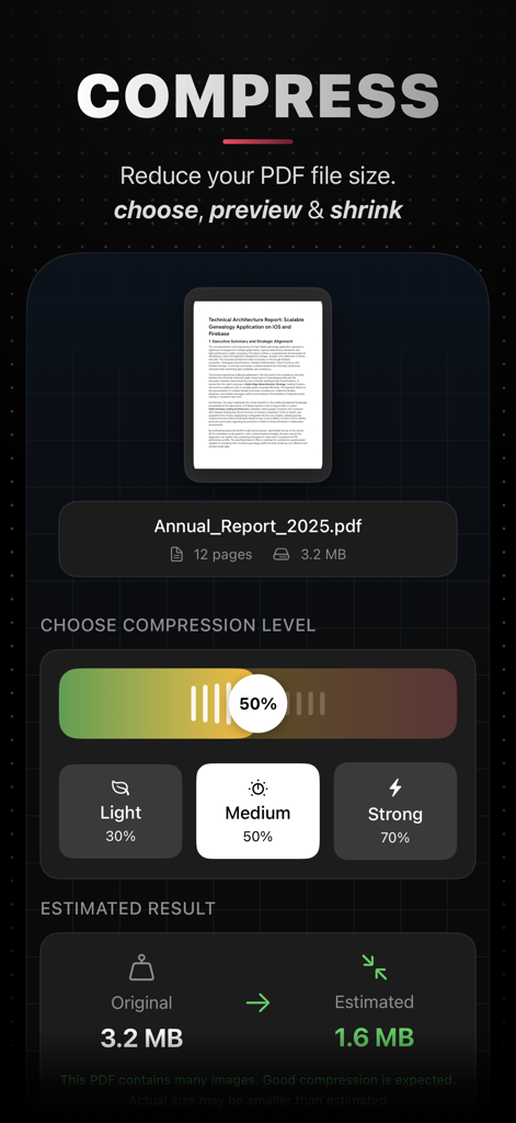 PDFWelder – PDF Merger - PDFWelderのモバイルアプリインターフェイスには、ファイルサイズを縮小するために調整可能な圧縮レベルを備えたPDF圧縮機能が表示されています