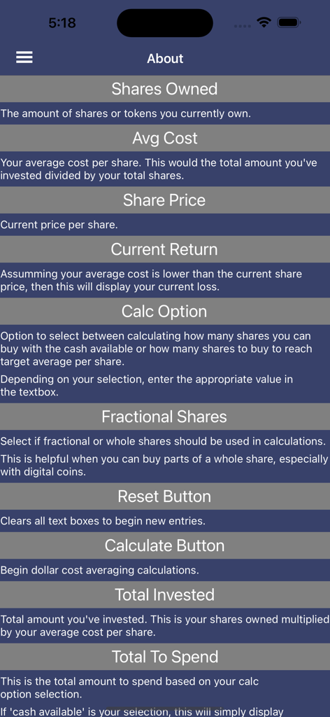 Die Info-Seite der Buy in Calculator App, die Begriffe wie gehaltene Aktien, durchschnittliche Kosten und Berechnungsoptionen erklärt.