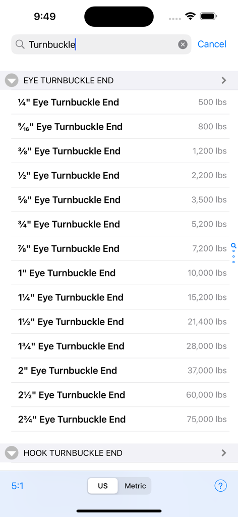 Rigger Ref - Technical specifications list for eye turnbuckle hardware showing sizes and weight capacities