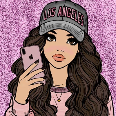 realistic beautiful girl wearing los ángeles cap holding an iphone