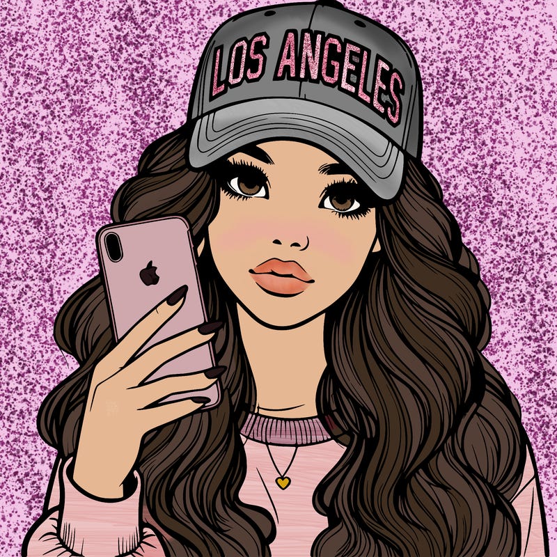 realistic beautiful girl wearing los ángeles cap holding an iphone