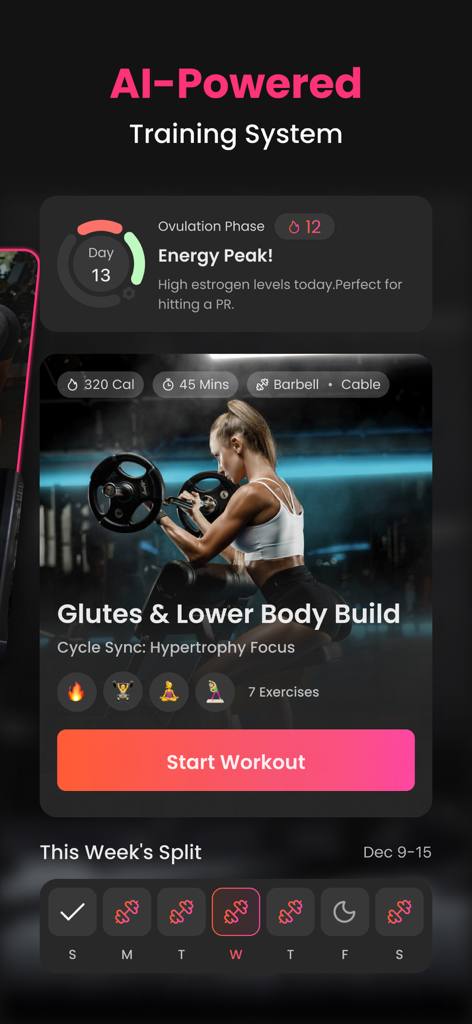 Gym Workout Planner | HerGym - HerGym app interface showing a lower body workout plan synchronized with the menstrual cycle ovulation phase.