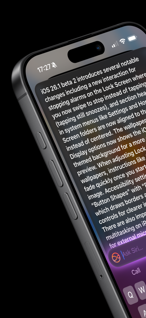 Mevolit - Device Updates - AI-powered software update insights on an iPhone screen displaying iOS beta release notes.