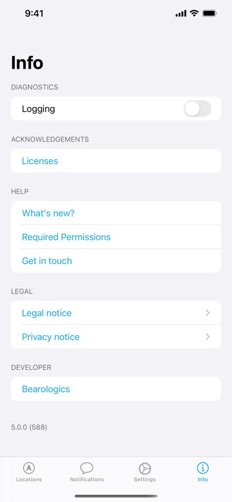 Locative: Geofence and Beacon - Information and help screen of the Locative geofence and beacon app.
