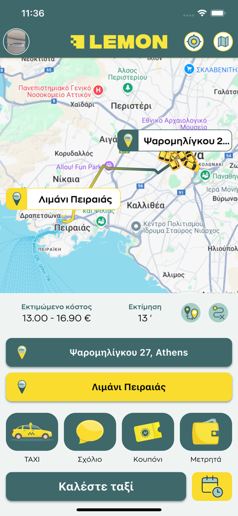 Lemon - Interfaz de la aplicación móvil de taxi Lemon que muestra un mapa de Atenas con una ruta del centro de la ciudad al puerto del Pireo y estimación de precios.
