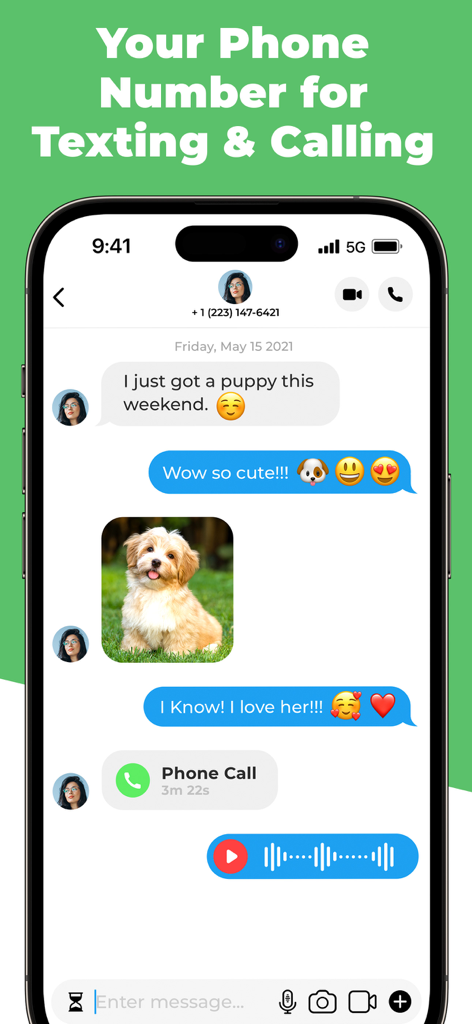 OnPhone - Second Phone Number - OnPhoneアプリ画面に、写真共有とボイスメッセージ機能のあるテキスト会話が表示されている。