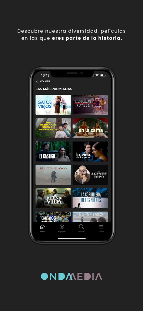 OndaMedia - Smartphone screen showing the OndaMedia app with a collection of award winning Chilean movies