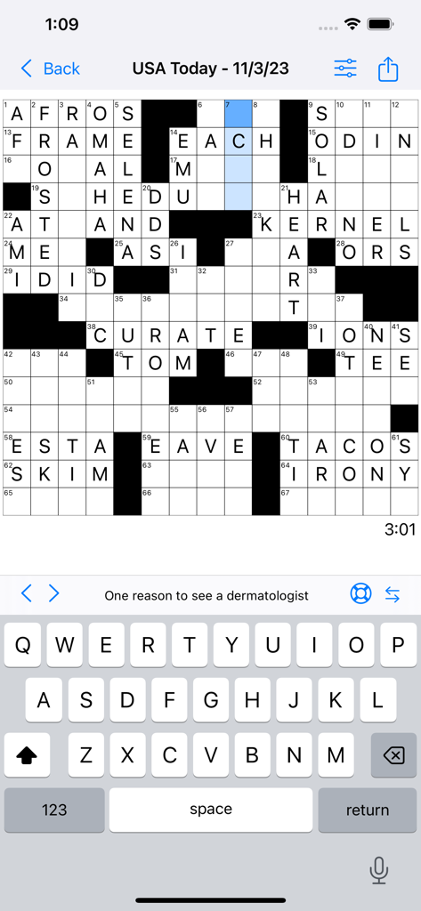 Omni Crosswords - Omni Crosswords app interface showing a partially completed USA Today crossword puzzle with a mobile keyboard.