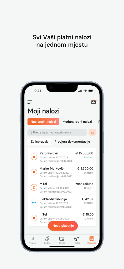 mHB klik - Screenshot of mHB klik mobile banking app showing a list of payment orders and transaction history.