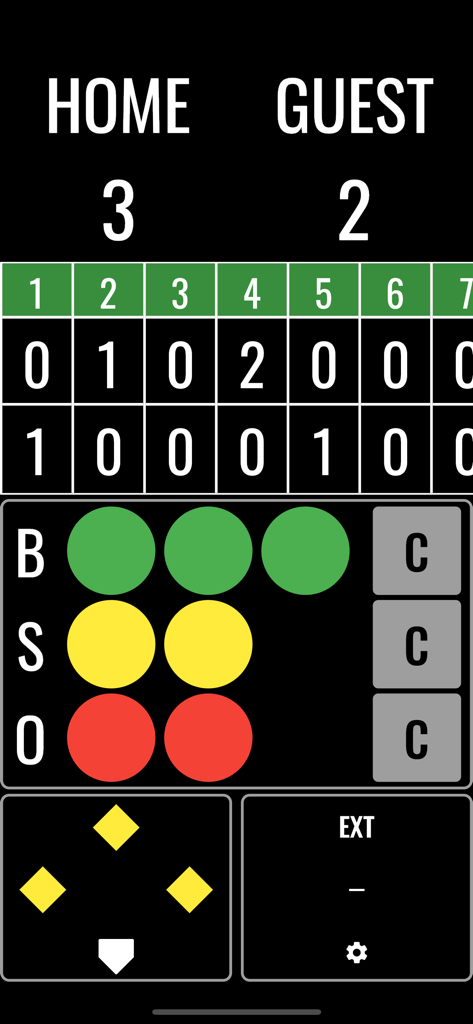 Easy Baseball Scoreboard - Interface of the Easy Baseball Scoreboard app showing home and guest scores along with ball strike and out counts