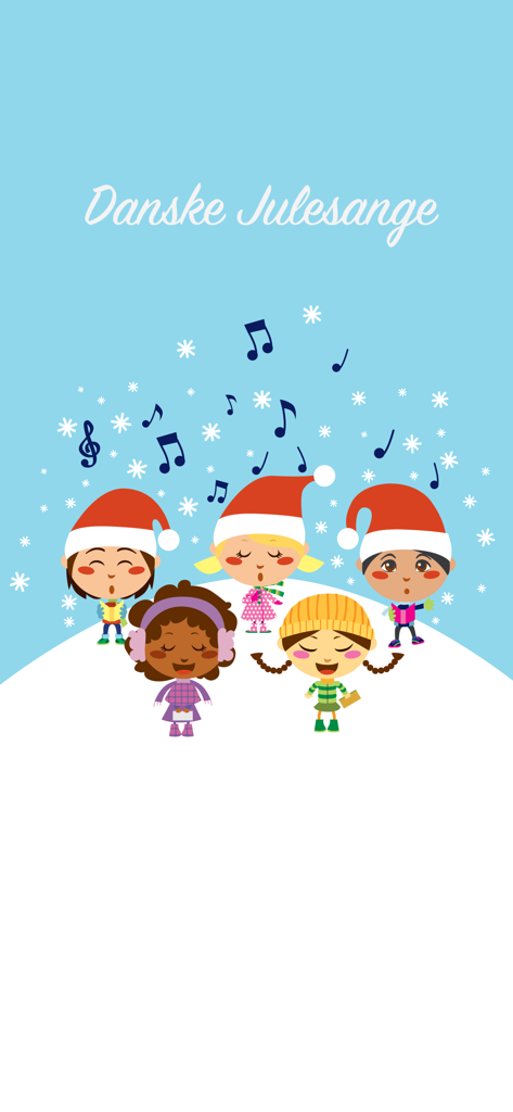 Danske Julesange app splash screen showing children in Santa hats singing Christmas carols in the snow
