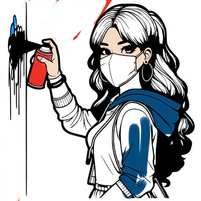 realistic girl with mask spray painting a wall