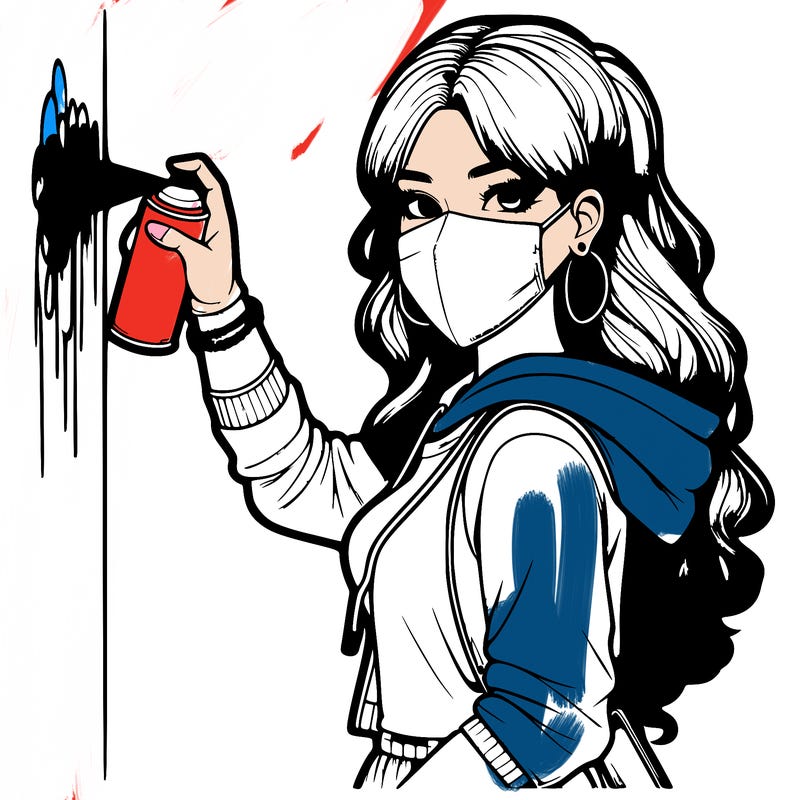 realistic girl with mask spray painting a wall