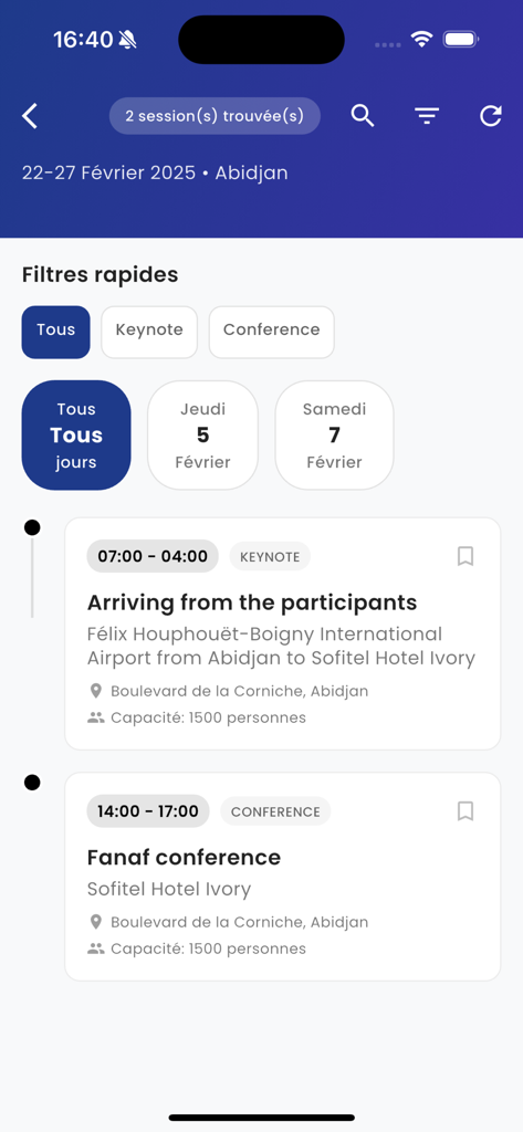 Interface of the FANAF 2026 app showing the conference schedule and event filters