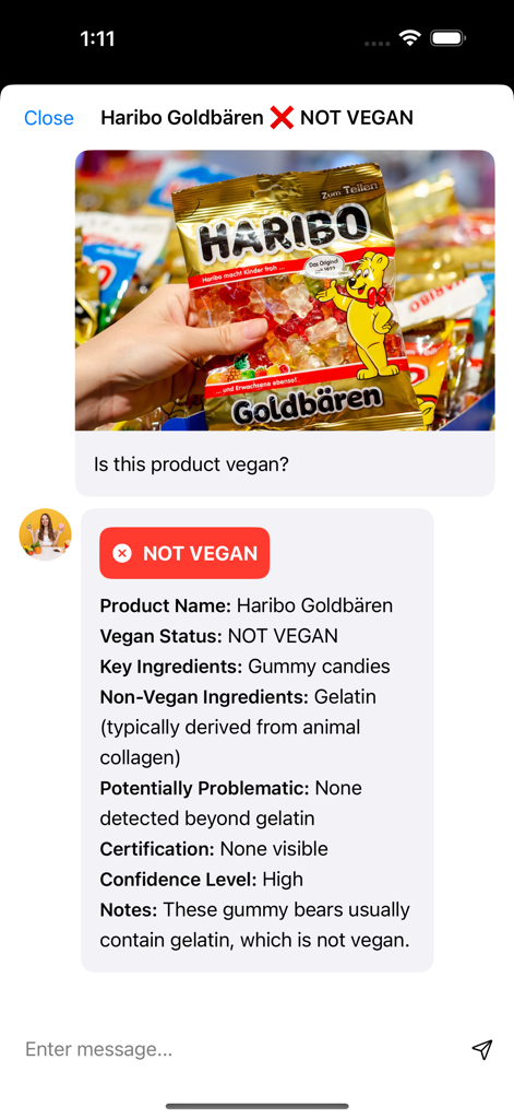 Vegan Check - Vegan Check app interface showing a product scan result identifying Haribo gummy bears as not vegan due to gelatin content