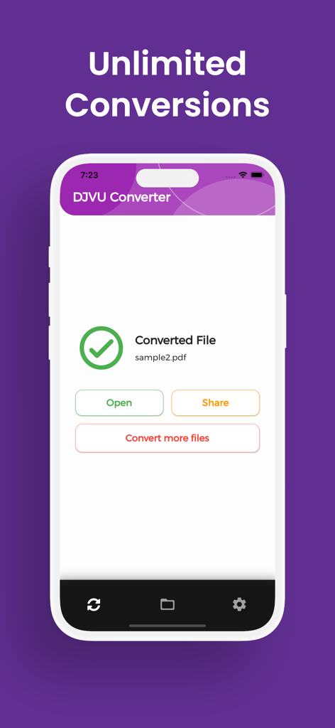 DJVU Converter, DJVU to PDF - Interface do aplicativo Conversor DJVU mostrando uma conversão de arquivo bem-sucedida para PDF.