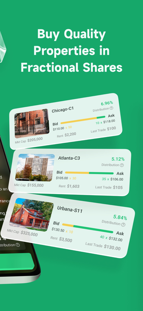 Ark7: Real Estate Investing - Ark7 app interface showing property listings for fractional real estate investment with share prices and annual yields
