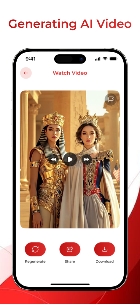 AI Video Generator : AI Videos - Interfaz de smartphone de la aplicación SoftVideo que muestra un vídeo generado por IA de dos mujeres con atuendos regios ornamentados