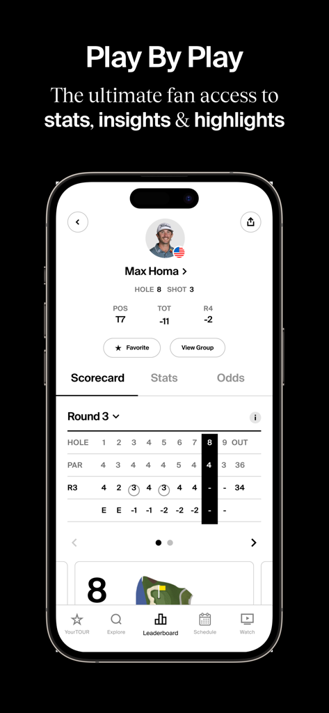 PGA TOUR mobile app showing player play-by-play stats and live scorecard for a golf tournament