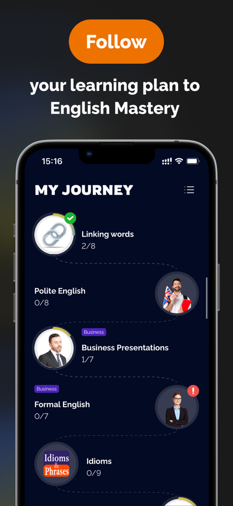 FluentJoy: Speak English - Tela Minha Jornada do aplicativo FluentJoy mostrando um caminho de aprendizado de inglês personalizado com módulos para apresentações de negócios e inglês formal.