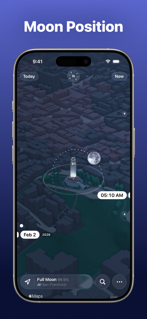 Moonlitt: Moon Phase Tracker - Moonlitt app interface showing moon position and path on a 3D city map of San Francisco