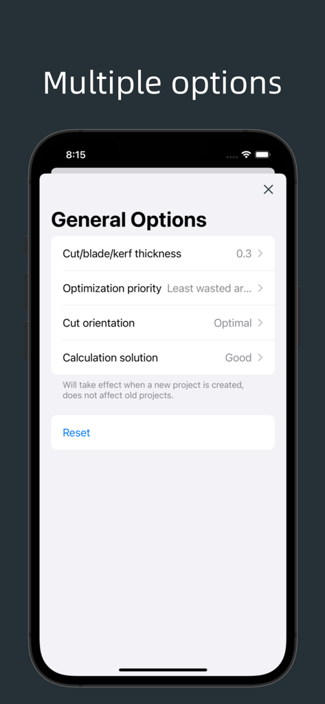 CutList Optimizer - General options screen in CutList Optimizer for setting blade thickness and optimization priority