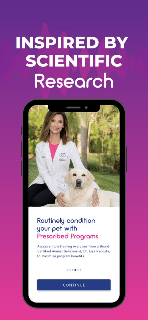 Zoundz Pet Anxiety Therapeutic - Smartphone displaying Zoundz app with a veterinarian and a dog promoting science based pet therapy.