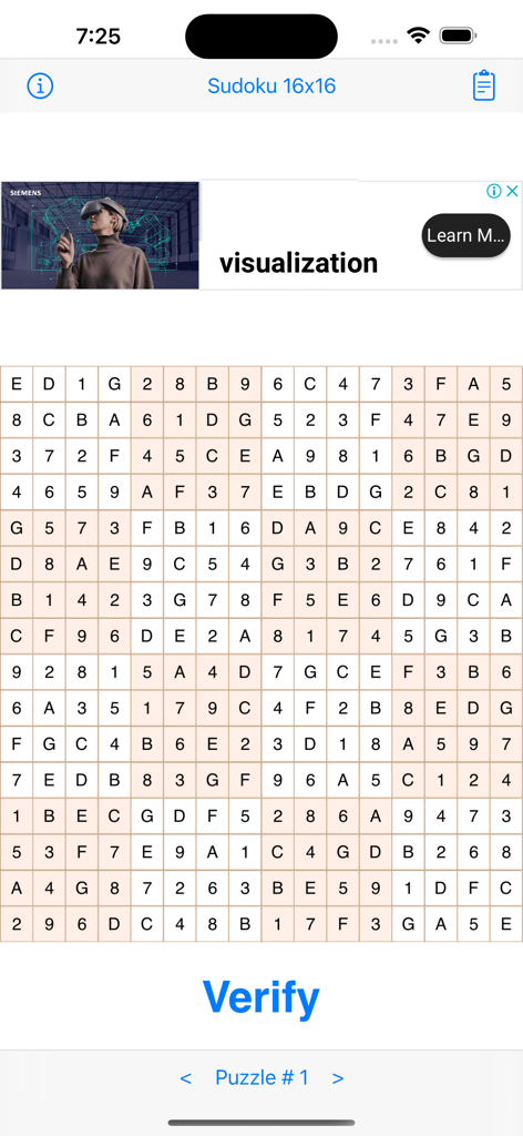 Sudoku 16x16 Game - A completed 16x16 hexadecimal Sudoku grid on a mobile app interface