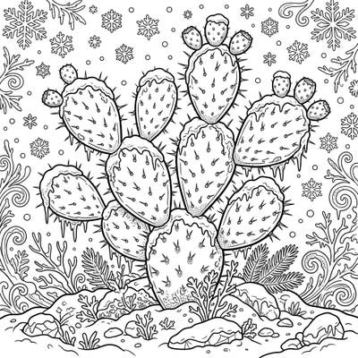 Explore the striking contrast of a desert plant enduring a frosty winter with this beautiful Prickly Pear Cactus coloring page. Adorned with snow and ice, it's a unique seasonal scene ready for your creative touch.
