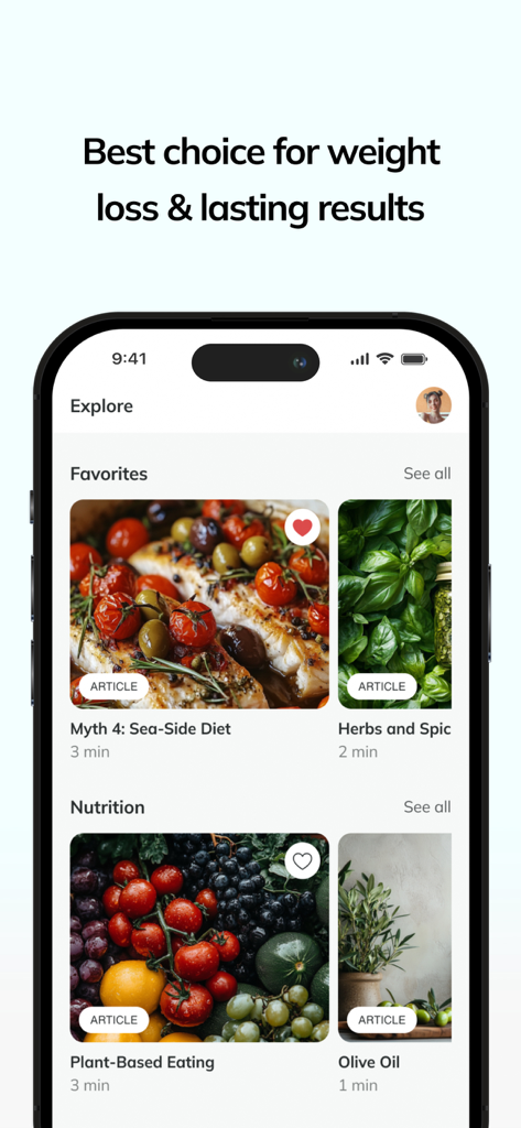 no.Diet - L'écran d'exploration de l'application no.Diet montrant des articles sur le régime méditerranéen et des recettes pour la perte de poids.