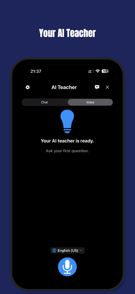 Interfaccia della funzione AI Teacher nell'app Studiare che mostra la modalità di interazione vocale per la pratica linguistica.