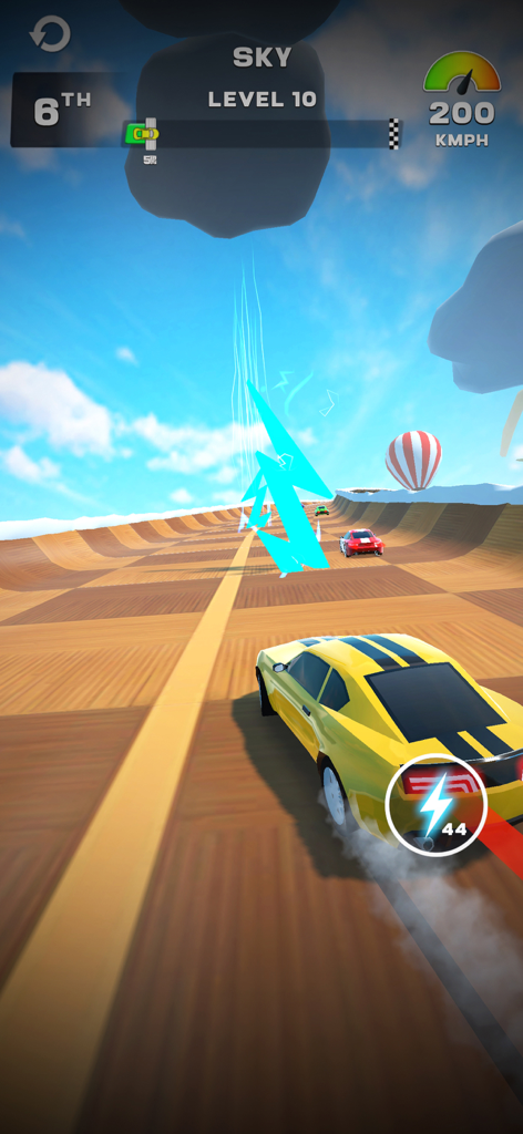 MR RACER : Stunt Mania - A yellow muscle car racing on an elevated sky track towards a lightning power-up in MR RACER Stunt Mania.