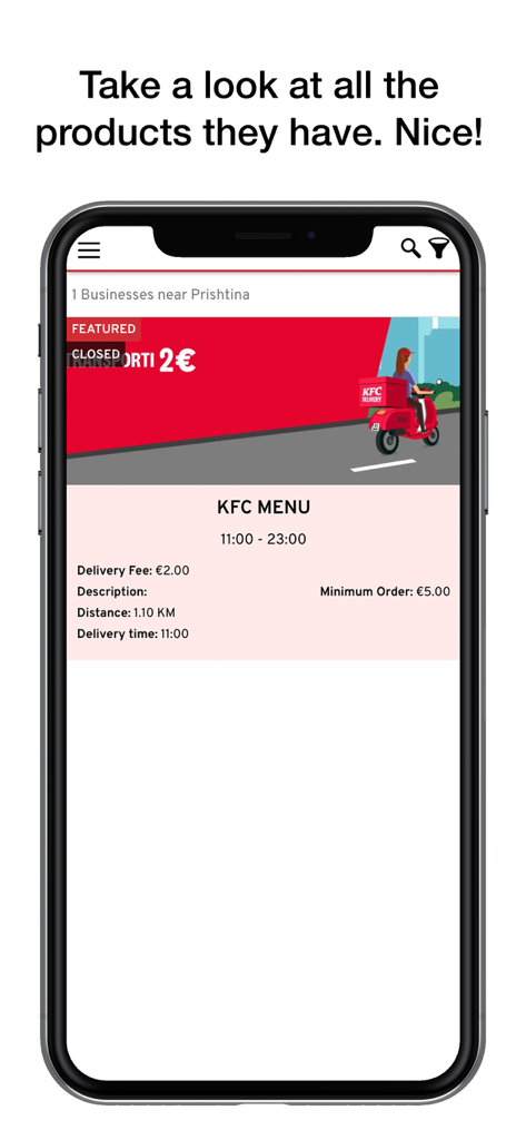 KFC Kosova - KFC Kosovaアプリの画面。プリシュティナでの配達情報とメニューの利用可能性が表示されています。